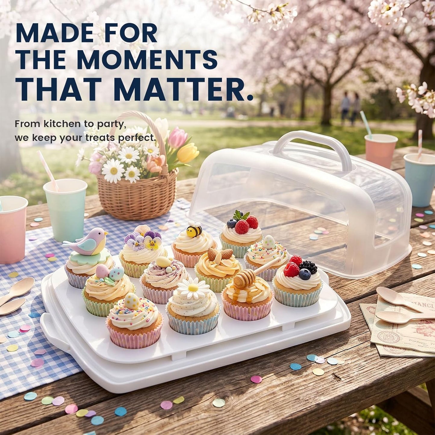 VGOODALL Cake Carrier with Lid and Handle, 12 Capacity Cupcake Holder for Muffin Pies Candies Fruits Snacks Desserts, Perfect for Sheet Cakes, Dishwasher Safe