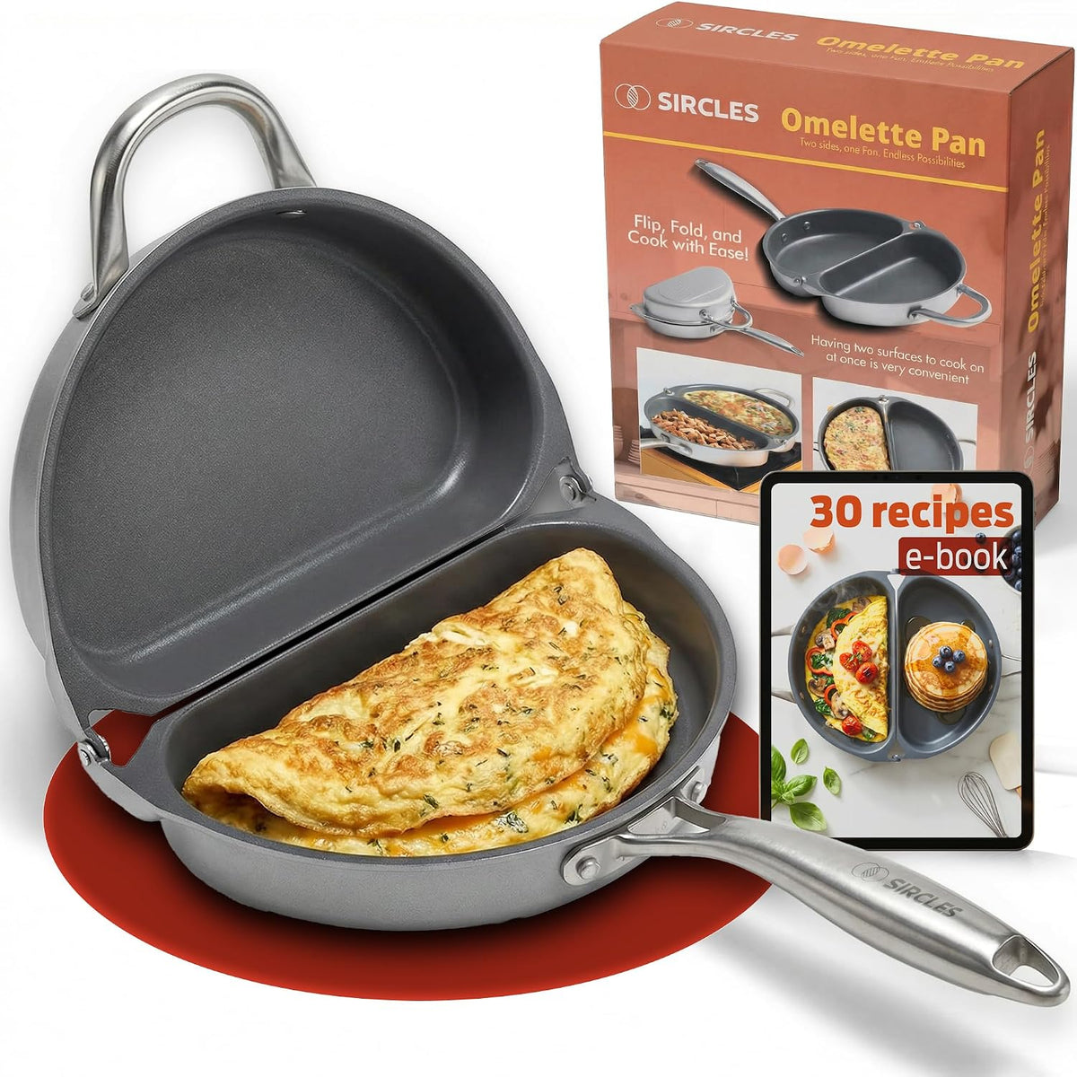 SIRCLES Double Sided Omelet Pan, Nonstick Omelette Maker, 3004 Aluminum, Induction Compatible, Dishwasher Safe, PFOA Free, Flip Lock Egg Pan with Spatula & Recipe eBook