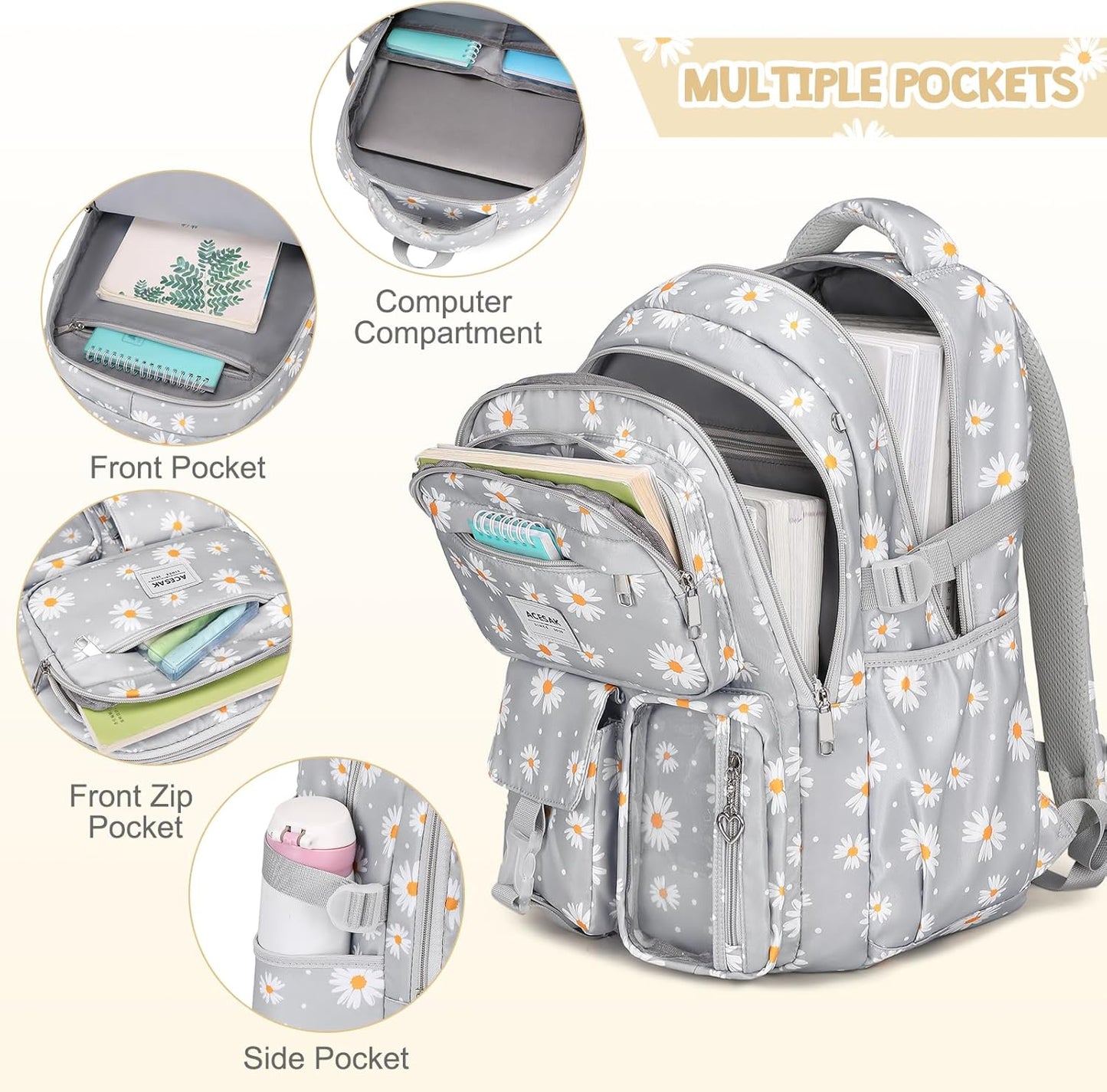 ACESAK Girls Backpack - Bento Box with Insulated Lunch Bag Pencil Case & Utensils Set for Kids, 6 Leakproof Compartments Removable Tray Lunches or Snack Container for School (Gray Daisy)