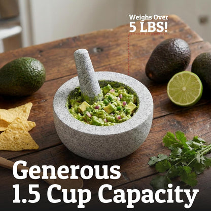 Priority Chef Heavy Duty Large 1.5 Cup Mortar and Pestle Set, 100% Natural Granite, 5.5 Inch Diameter Bowl, 6.2 Inch Pestle, Non-Slip Base, Stone Grinder for Guacamole Salsa Pesto Herbs Spices, Black