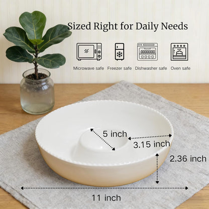 11'' Ceramic Chip and Dip Tray, Middle Size Divided Serving Set for Parties, Mixing Bowl Sets for Salsa, Snack, Veggies, Dumpling, Fruit, Salad, Fruit, Entertaining, Hosting, Ivory White