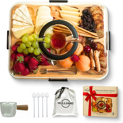 Charcuterie Board with Lid and Handles, 2-in-1 Bamboo Cutting and Serving Tray, Stylish Glass Bowl, 4 Stainless Steel Forks, Storage Bag, Silicone Stoppers, Housewarming Gift