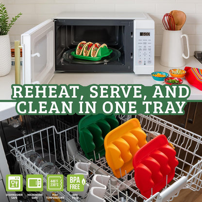 Taco Shell Holder (3 Pack), Silicone Taco Holder for 3 Tacos, Reusable Plates with Dividers, Flexible Soft Tray, Dishwasher & Microwave Safe