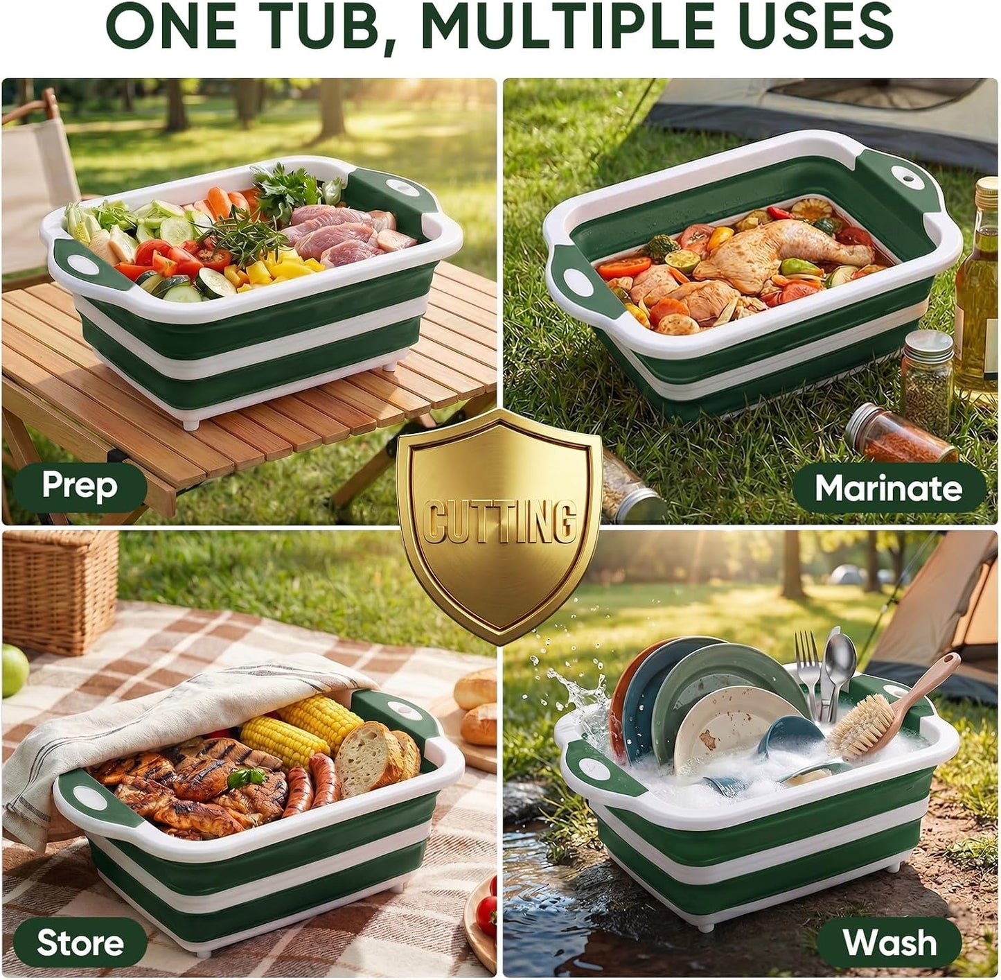 Collapsible BBQ Prep Tub with Lid, Foldable Camping Sink with Colander, Cutting Board, Dish Basin for Kitchen, Bowl, Vegetable and Fruit, Storage Basket for Picnic-Black