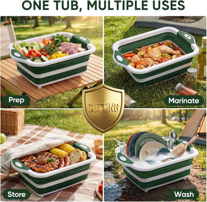 Collapsible BBQ Prep Tub with Lid, Foldable Camping Sink with Colander, Cutting Board, Dish Basin for Kitchen, Bowl, Vegetable and Fruit, Storage Basket for Picnic-Black