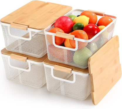 Geelin 4 Pcs Metal Wire Basket with Wooden Handles and Bamboo Lids 12.2 x 8.27 x 5.51 Mesh Steel Basket Stackable Storage Bins Organizer Containers for Vegetables Fruit Home Cabinet Pantry(White)