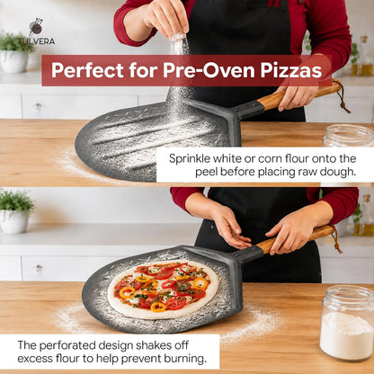 Perforated Pizza Peel, 12 Inch Pizza Spatula with Wood Handle, Metal Paddle