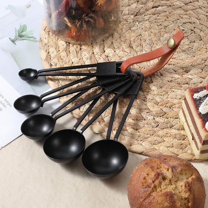 9 PCS Black Stainless Steel Measuring Cups and Spoons Set, Nesting Metal Measuring Cup with Ring Connector for Liquid and Dry Ingredients, Cooking and Baking (Black)