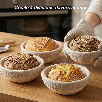 5 Inch Mini Banneton Bread Proofing Basket Set of 4, Easy-Clean Round Sourdough Proofing Basket, Small Banneton for Sourdough Bread Baking Supplies with Liners
