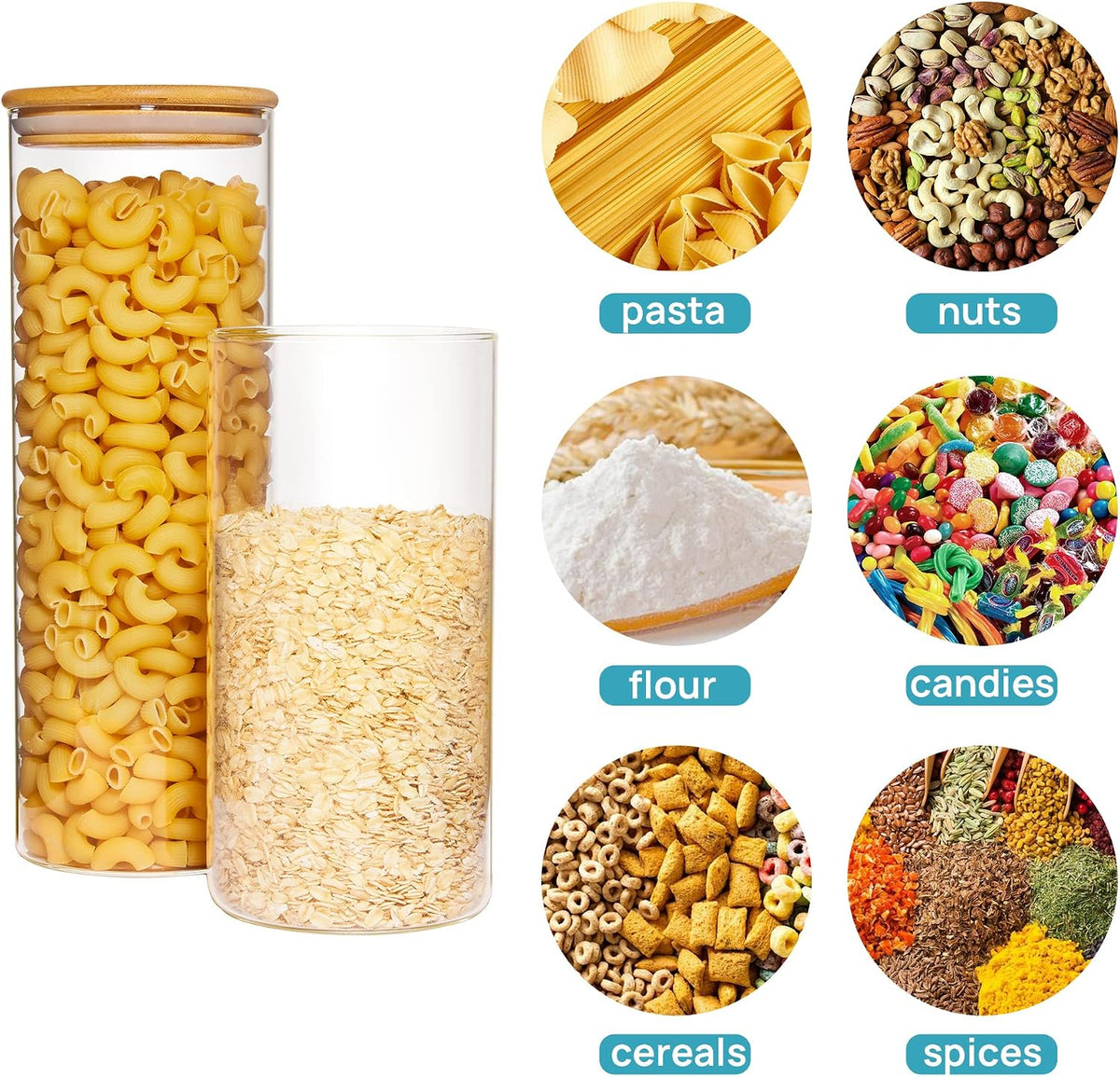 Vtopmart Glass Food Storage Jars, 7 Pack Kitchen Containers with Airtight Bamboo Wooden Lids for Pasta, Cookies, Nuts, Coffee Beans, Cereal, Canisters Set for Flour, Pantry Organization, BPA Free