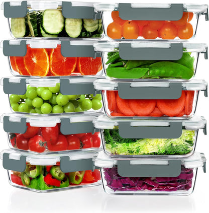 VERONES 10 Pack 22 OZ Glass Meal Prep Containers, Airtight Glass Lunch Containers Set, Food Storage Containers with Lids,BPA Free, for Microwave, Oven, Freezer & Dishwasher Friendly,White