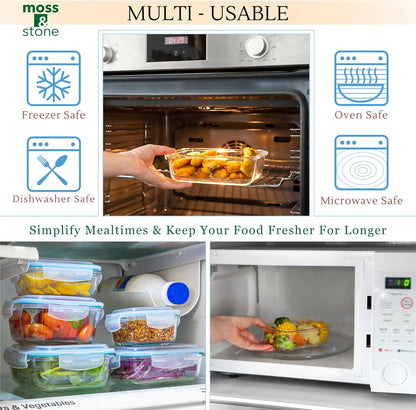 Moss and Stone Rectangular Borosilicate Glass Meal Food Containers - Prep Food Storage Containers Airtight - Snap Locking Lids – Microwave, Oven, Freezer, Dishwasher Safe – with 2 Compartment 2 Pack