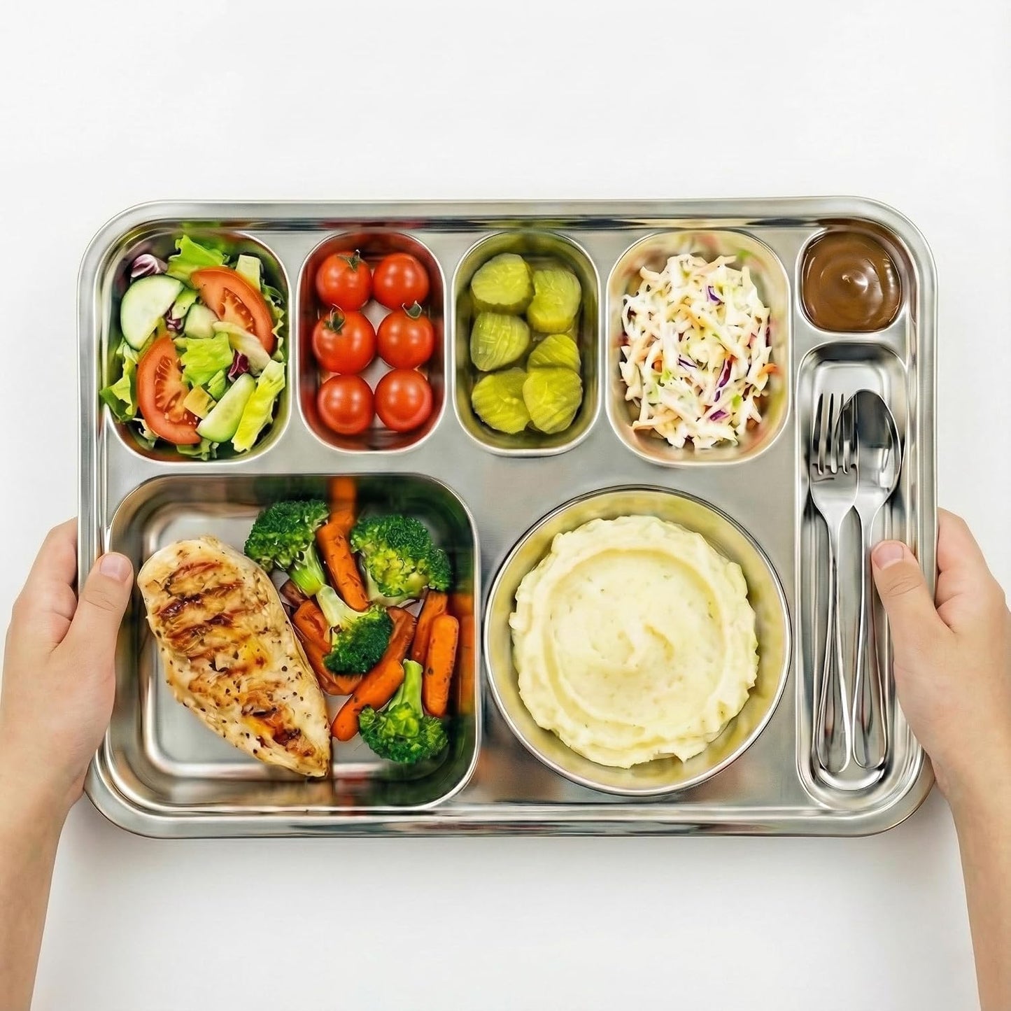 Korean Stainless Steel Divided Plates for Adults, Teens, Premium 304, Electro-Polished, No Black Residue, BPA-Free, Large 5-Compartment Food Tray, Diet Portion Control, Camping, Set of 2