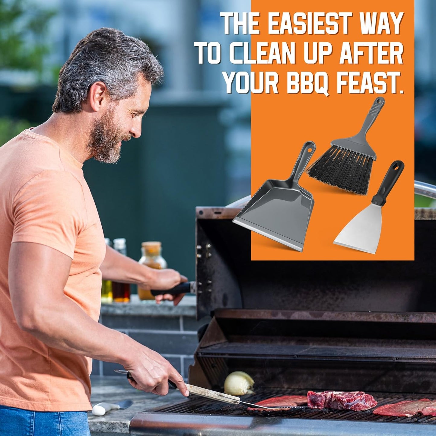 3 Piece Pellet Grill Ash Cleaning Kit, Includes Large Dust Pan, Soft Bristle Brush and Metal Scraper for Easy Removal of Ash, Debris and Grime