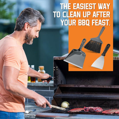 3 Piece Pellet Grill Ash Cleaning Kit, Includes Large Dust Pan, Soft Bristle Brush and Metal Scraper for Easy Removal of Ash, Debris and Grime