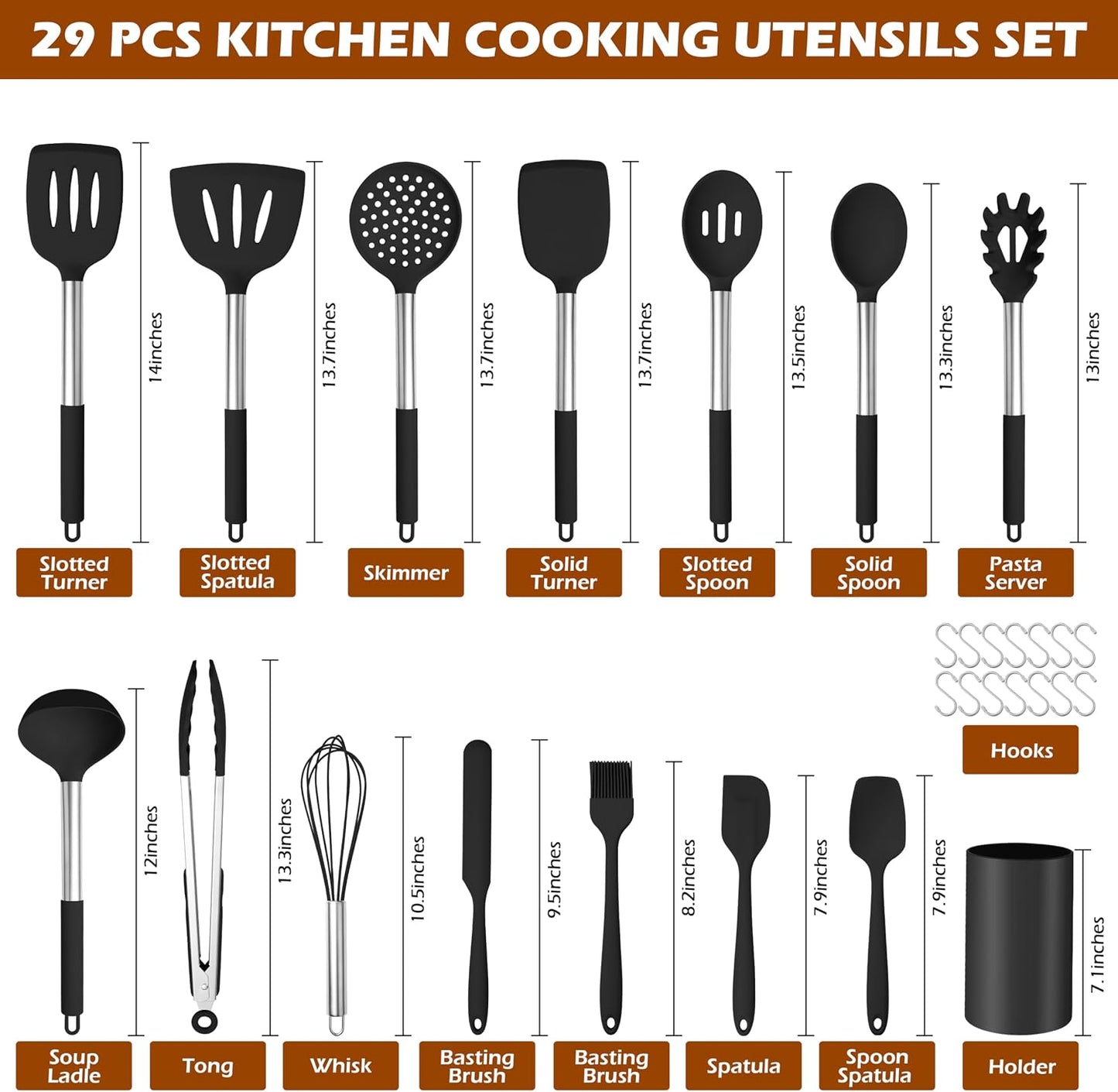 HaWare 29 PCS Silicone Cooking Utensils Set, Heat Resistant Kitchen Utensils Set with Stainless Steel Handle, Spatula Sets with Holder and Hooks, Kitchen Tools Gadgets for Nonstick Cookware -Khaki