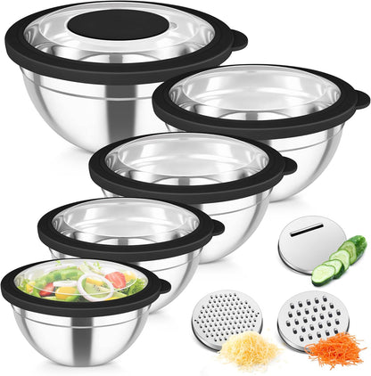 TeamFar Mixing Bowls, Stainless Steel Salad Serving Bowl with Clear Lids & 3 Graters, For Kitchen Cooking Prepping Storing, Size 4.6/2.6/1.5/1/0.7 QT, Nesting & Airtight, Set of 5 & Khaki