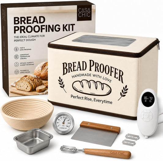 CasaChic Bread Proofing Box Kit - Folding Dough Proofer - Foldable Sourdough Warmer - 70-158°F Temp and 48H Timer Controller - Dough Warming Box, Banneton Basket, Lame, Scraper, Metal Rack