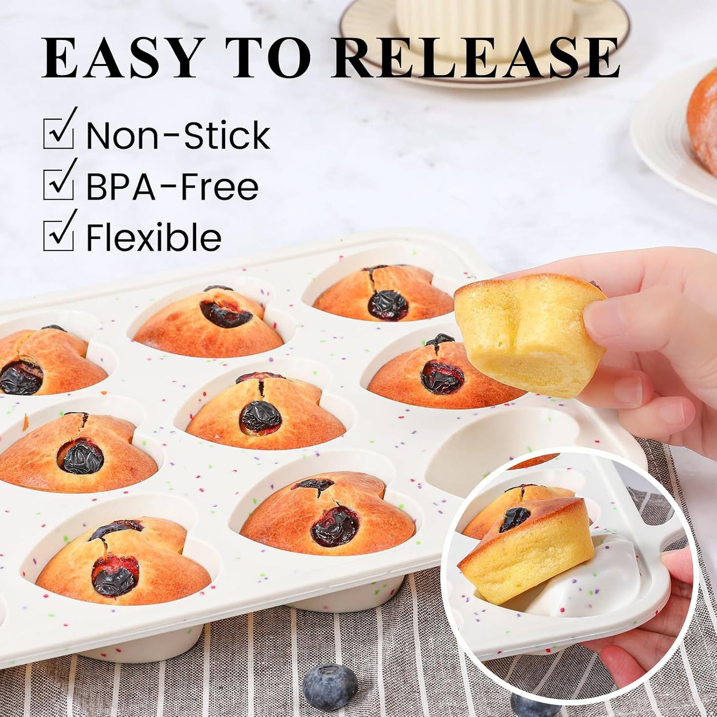 Silicone Muffin Pans for Baking, Metal Reinforced Frame 12 Cups Regular Size Silicone Cupcake Pan Nonstick Muffin Tin for Baking Muffin, Cupcake, Frittatas,BPA Free, Silicone Molds Dishwasher Safe