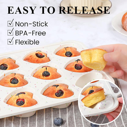 Silicone Muffin Pans for Baking, Metal Reinforced Frame 12 Cups Regular Size Silicone Cupcake Pan Nonstick Muffin Tin for Baking Muffin, Cupcake, Frittatas,BPA Free, Silicone Molds Dishwasher Safe