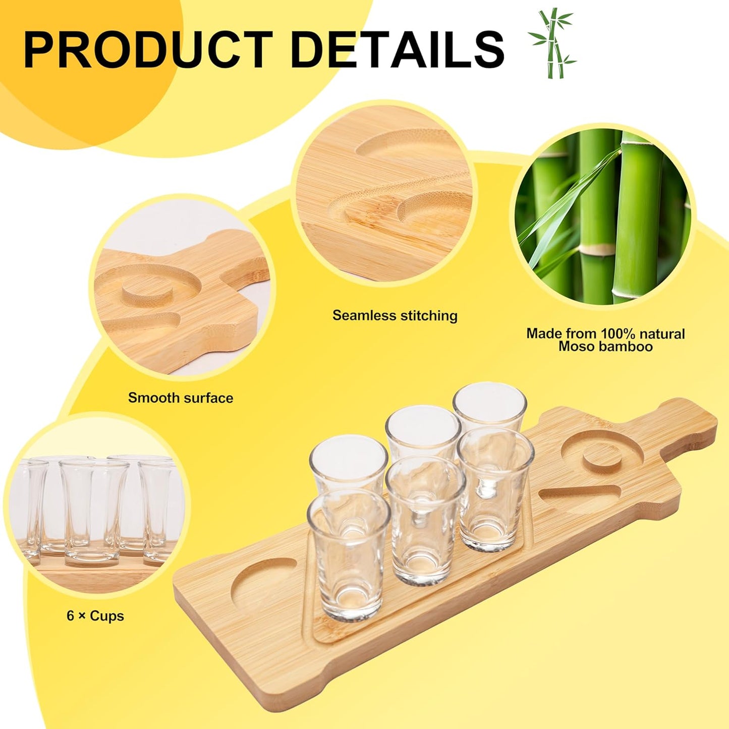 Tequila Shot Board Set - Serving Tray with 6 Glasses, Lemon Space, Salt Rimmer - 1.5 Oz Shots Holder for Margarita, Liquor, Party