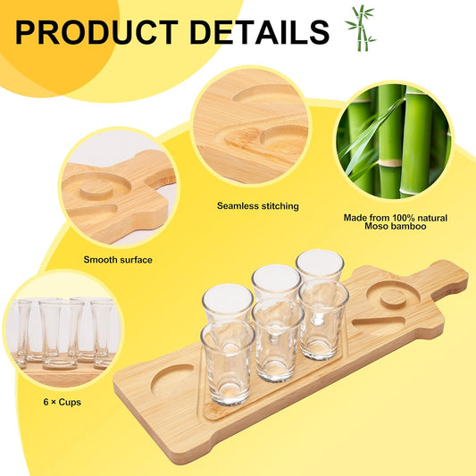 Tequila Shot Board Set - Serving Tray with 6 Glasses, Lemon Space, Salt Rimmer - 1.5 Oz Shots Holder for Margarita, Liquor, Party