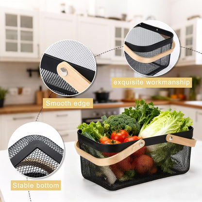 Zonon 4 Pack Harvest Garden Baskets, 2 Size Metal Mesh Harvest Storage Basket with Foldable Wooden Handle, Rectangle Durable Vegetables Fruit Basket for Garden Bathroom Kitchen Organizing, Black