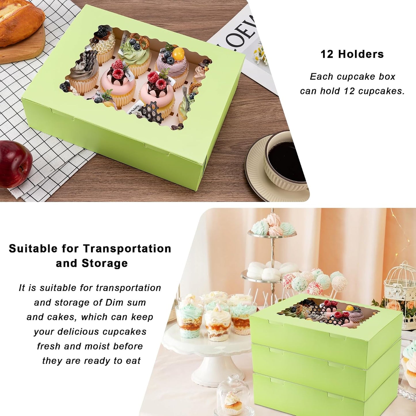 Hoewina 6PCS Cupcake Boxes - Hold 12 Count Cupcake Containers with Window, Food Grade Cupcake Holder Easy Transport and Presentation - Ideal for Cupcakes, Desserts, and More