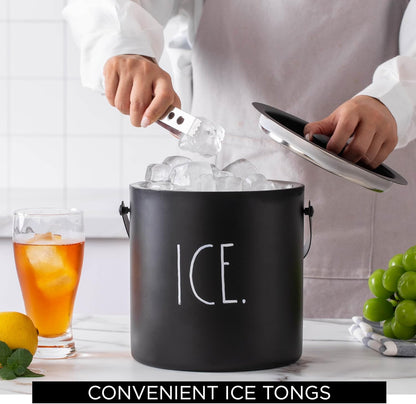 Rae Dunn Ice Bucket with Scoop - Stainless Steel Bucket with Handle, Lid and Ice Scooper - 4 Qt. Storage Bin for Ice Cubes for Bars, Parties, Backyard Barbeques, Picnics, and Camping (Black)