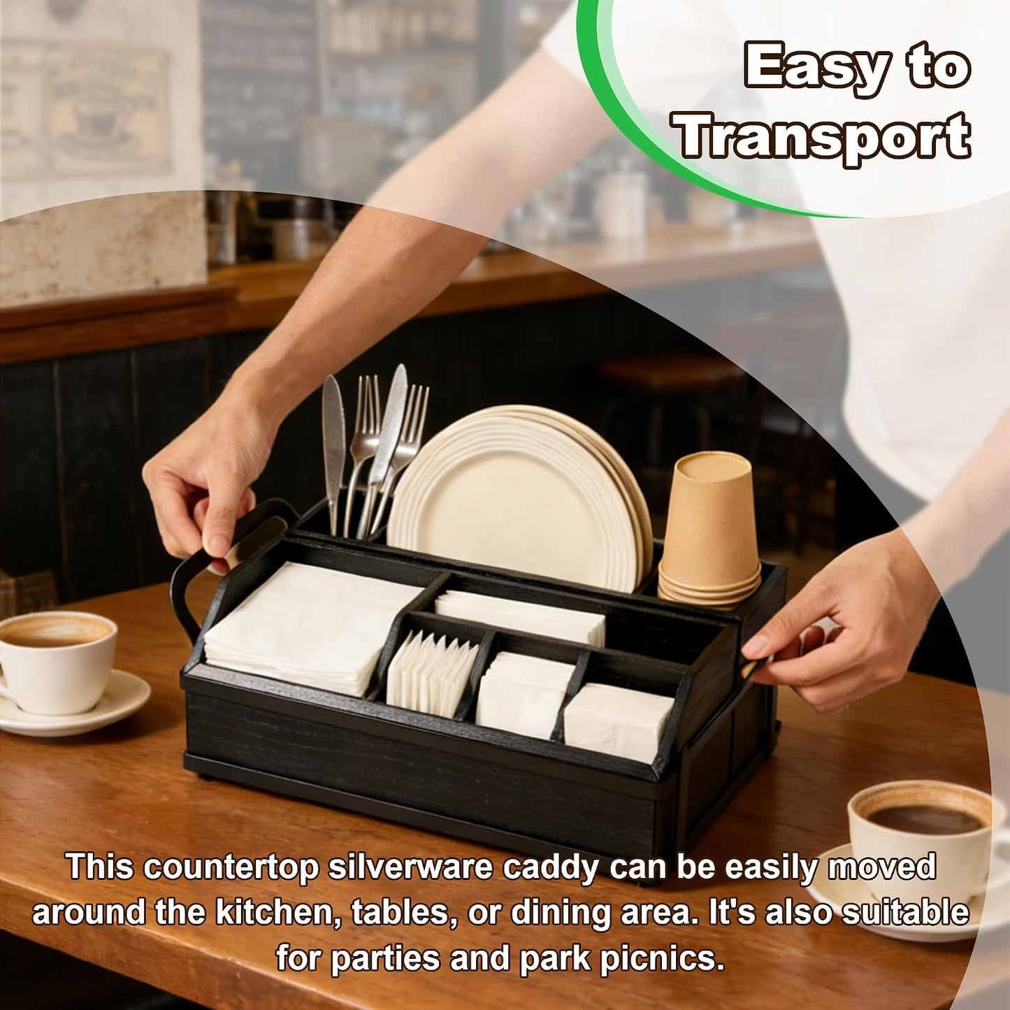 Large Kitchen Utensil Holder Caddy, 6 Compartments Wooden Utensils Organizer for Cooking Utensils, Silverware, Paper Plate, Spoon, Fork, Cutlery Storage on Kitchen Countertop for Party Hosting