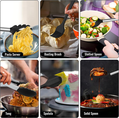E-far 14 Pieces Silicone Cooking Utensils Set, Kitchen Utensils Set with Holder, Spatula, Ladle, Spoon, Tong, Slotted Turner for Nonstick Cookware, Heat Resistant & Stainless Steel Handle, Black