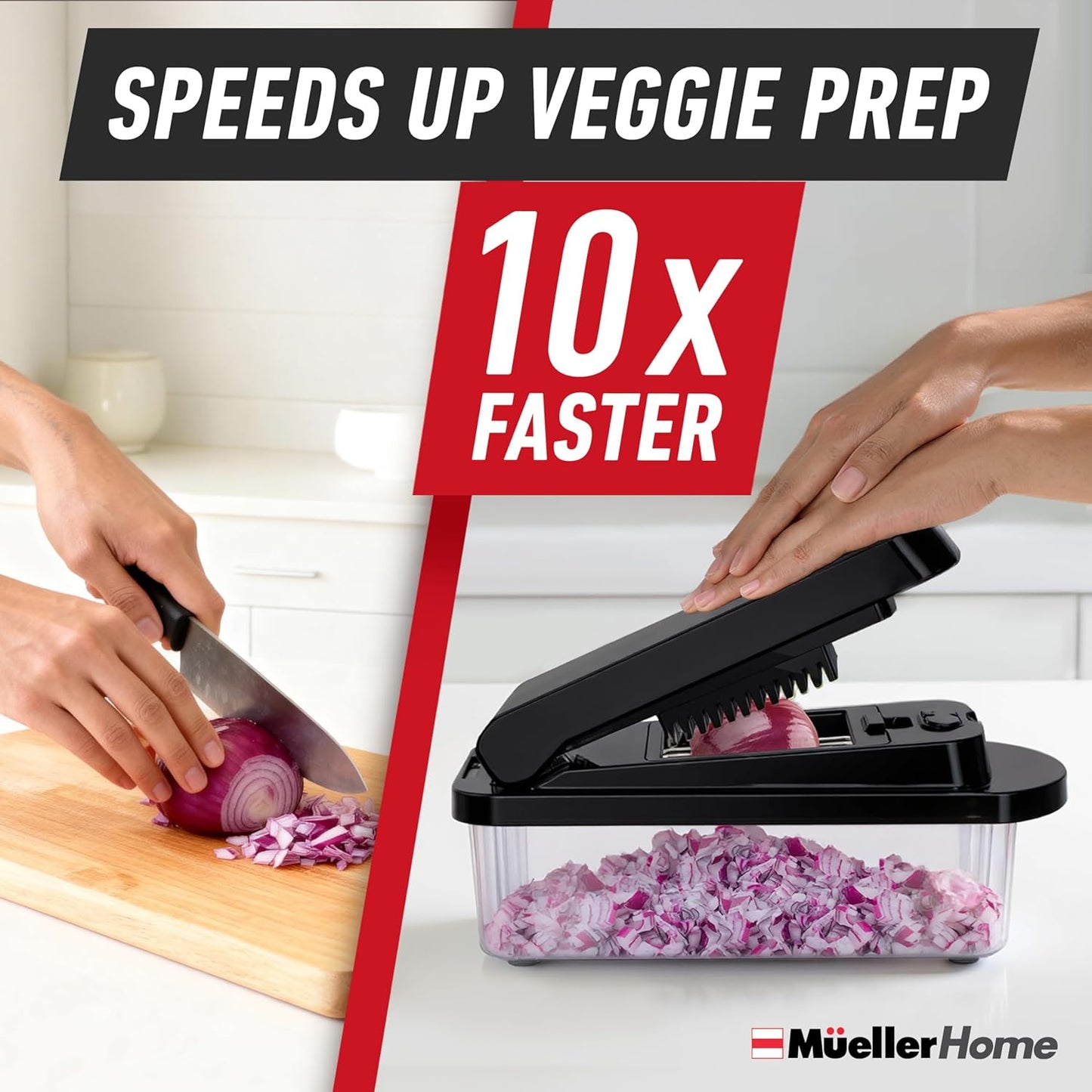MUELLER HOME Pro-Series 10-in-1, 8 Blade Stainless Steel Multi Vegetable Chopper And Mandoline Slicer, Kitchen Tools and Gadgets, Food and Veggie Chopper, Mincer, Dicer, French Fry Cutter, Black
