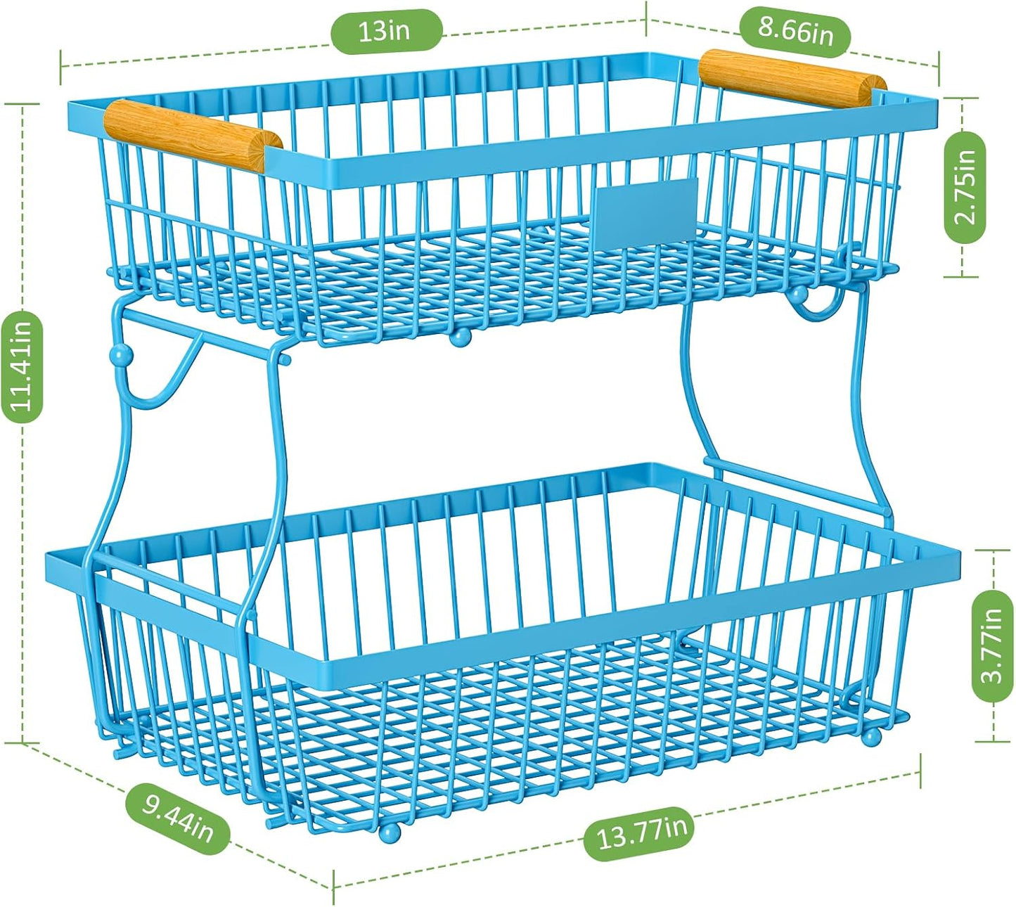 2 Tier Fruit Basket for Kitchen Counter with 2 Banana Hangers, Countertop Metal Bread Basket with Wooden Handle, Large Storage Stand for Vegetables, Snacks, Eggs, Produce Storage – Black