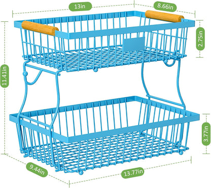 2 Tier Fruit Basket for Kitchen Counter with 2 Banana Hangers, Countertop Metal Bread Basket with Wooden Handle, Large Storage Stand for Vegetables, Snacks, Eggs, Produce Storage – Black