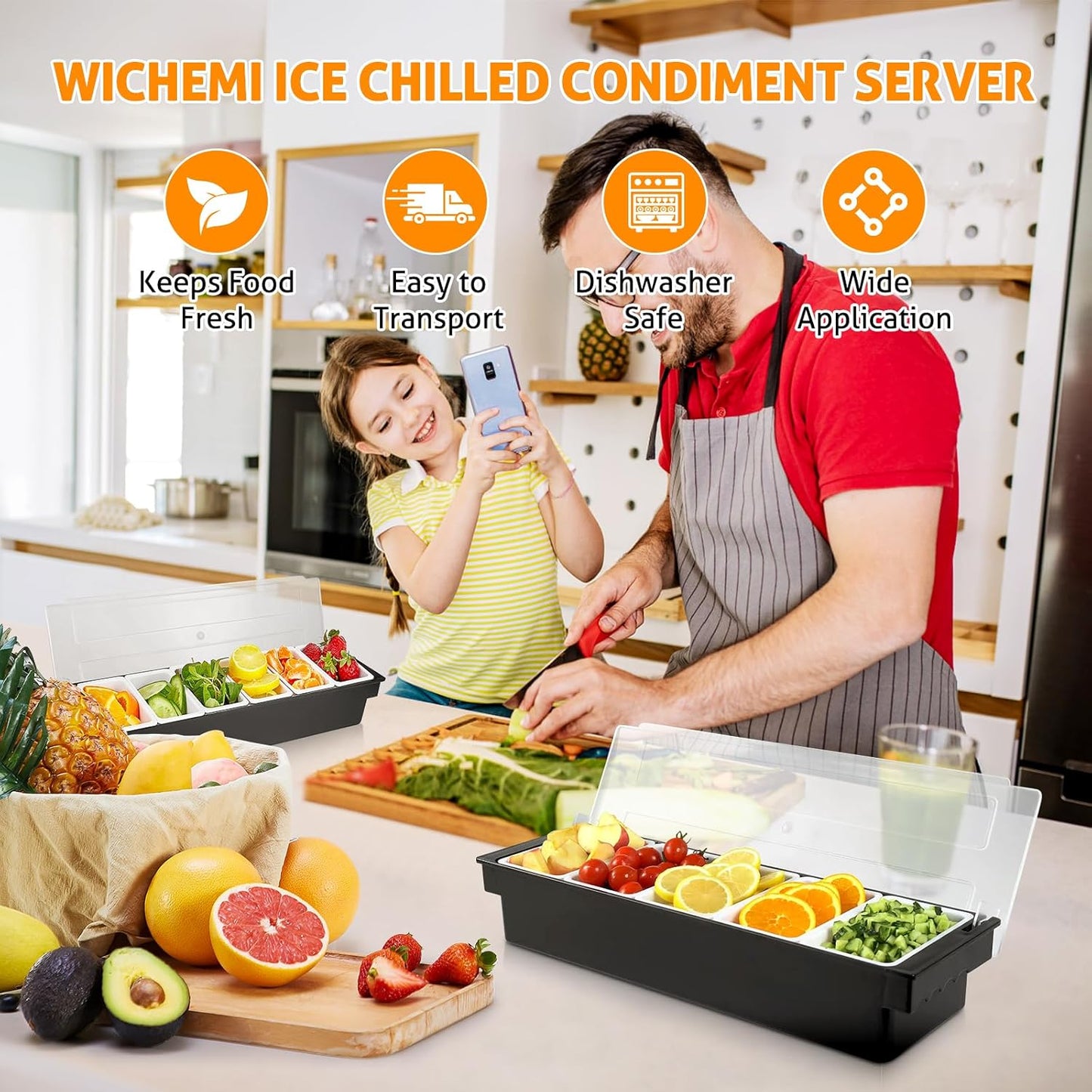 WICHEMI Fruit, Veggie & Condiment Caddy with Lid Dispenser Tray Plastic Garnish Station for Bartending & Serving Taco, Ice Cream, Salad Bar - Topping Organizer for Restaurant Supplies (3 Compartment)