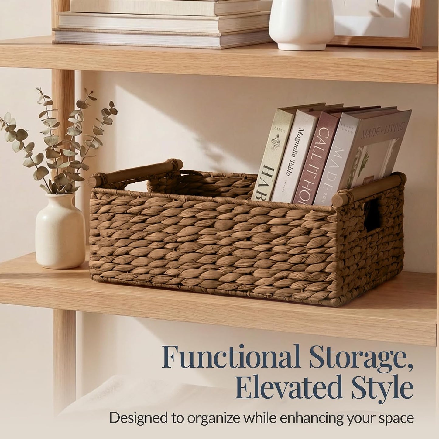 Best Choice Products Wicker Storage Basket, Shelf Organizer Basket w/Wooden Handles, Woven Rectangular Storage Bin, Natural Water Hyacinth for Pantry, Closet, Laundry Room, & Living Room - Chestnut