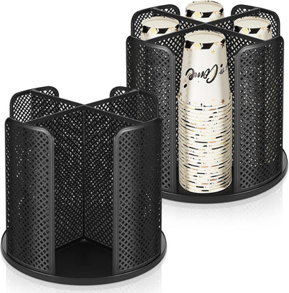 Hoolerry 2 Pcs Cup and Lid Organizer, 360° Rotatable Coffee Cup Holder for Disposable Plastic and Paper of 5 to 16 oz, Dispenser with 4 Compartments for Countertop Coffee Station Office Bar(Black)