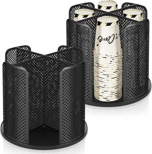 Hoolerry 2 Pcs Cup and Lid Organizer, 360° Rotatable Coffee Cup Holder for Disposable Plastic and Paper of 5 to 16 oz, Dispenser with 4 Compartments for Countertop Coffee Station Office Bar(Black)