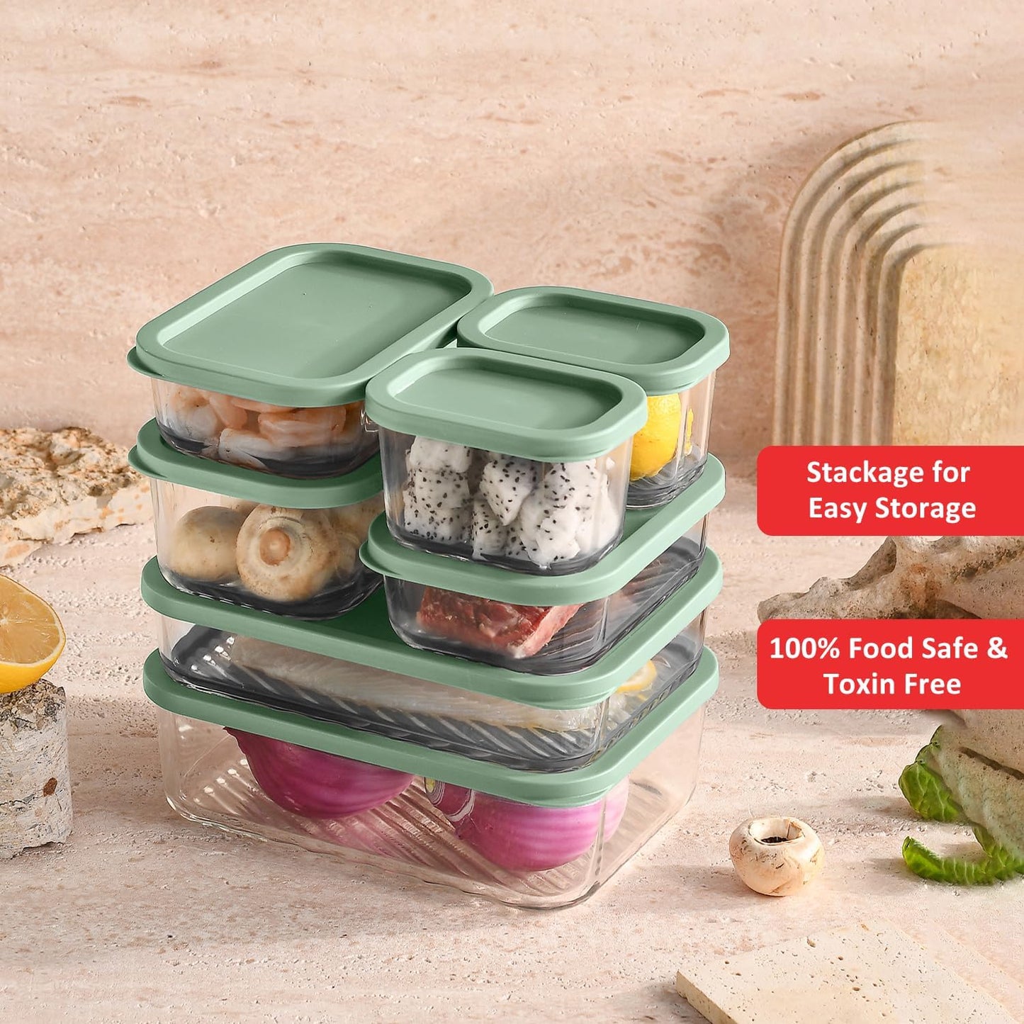 EATEX Grooved Base Glass Meal Prep Containers, 12 Pack Glass Food Storage Containers with Lids for Meal Prep & Lunch, Microwave Oven Freezer Dishwasher Safe, Anti Moisture Non-Stick Design - Black