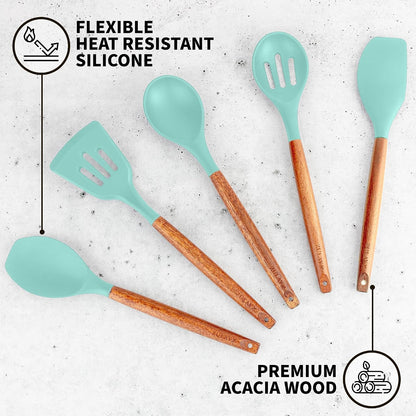 Zulay Kitchen Utensils Set Non-Stick Silicone Cooking Utensils Set with Authentic Acacia Wood Handles - 5 Piece Silicone Utensil Set - Kitchen Utensils Set with 464°F Heat Resistance - Gray