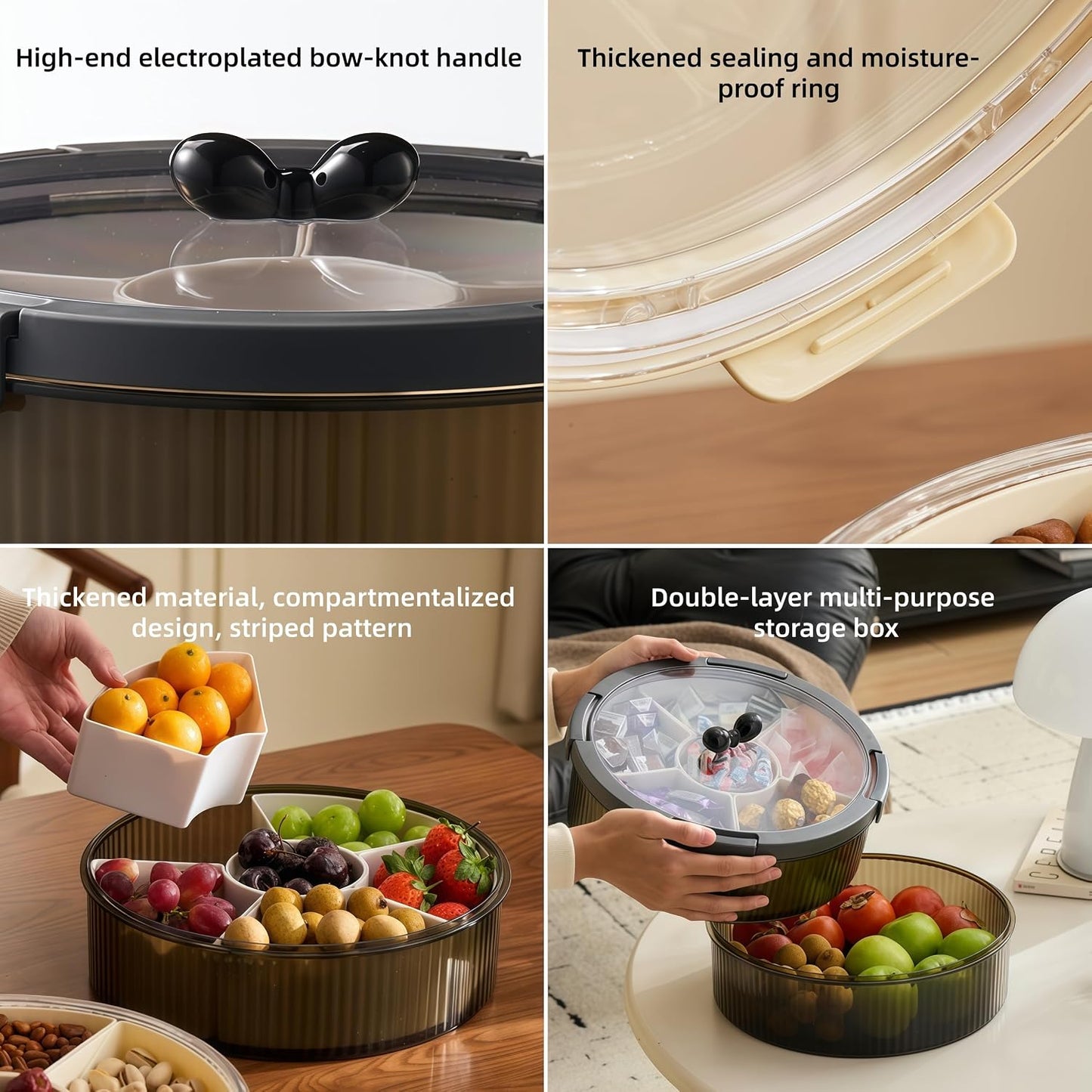2-Tier Divided Serving Tray with Lid & Bow Knob – Large Stackable Snack Vegetable Trays Container for Fruit Veggie Candy Nuts & Cookies – Ideal for Party Buffet & Home (Clear Black)
