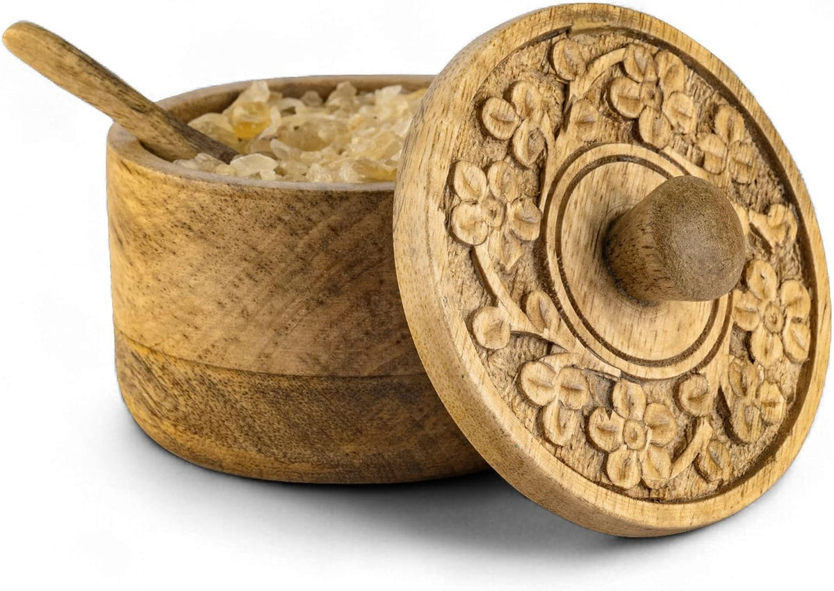 Mie Creations Rustic Salt Box Cellar with Lid & Spoon, Mango Wood Floral