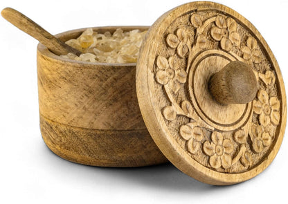 Mie Creations Rustic Salt Box Cellar with Lid & Spoon, Mango Wood Floral