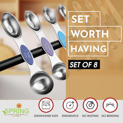 Spring Chef Stainless Steel Magnetic Measuring Spoons Set with Strong N45 Magnets, Heavy Duty Metal Kitchen Gadgets for Baking & Cooking, Fits in Most Kitchen Spice Jars, Set of 8 with Leveler, Black