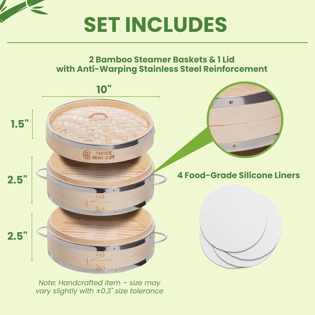 Dumpling Bamboo Steamer 10 Inch 2 Tier Wooden Basket With Handle, Reusable Silicone Liner, Kit For Cooking Baby Bao Bun, Dim Sum, Rice Potsticker Steaming Chinese Asian Food & Vegetables
