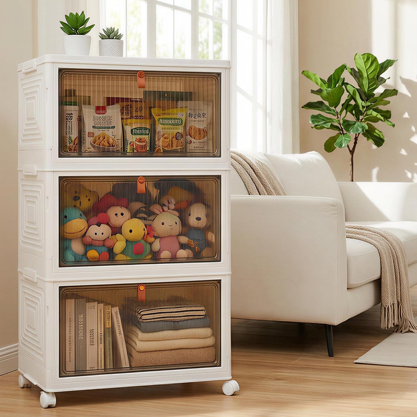 LDQ 136Qt Large Storage Bins with Lids, 4 Tier Stackable Storage Cabinet with Wheels & Clear Doors, Foldable Plastic Closet Organizer for Bedroom, Bathroom & Kitchen