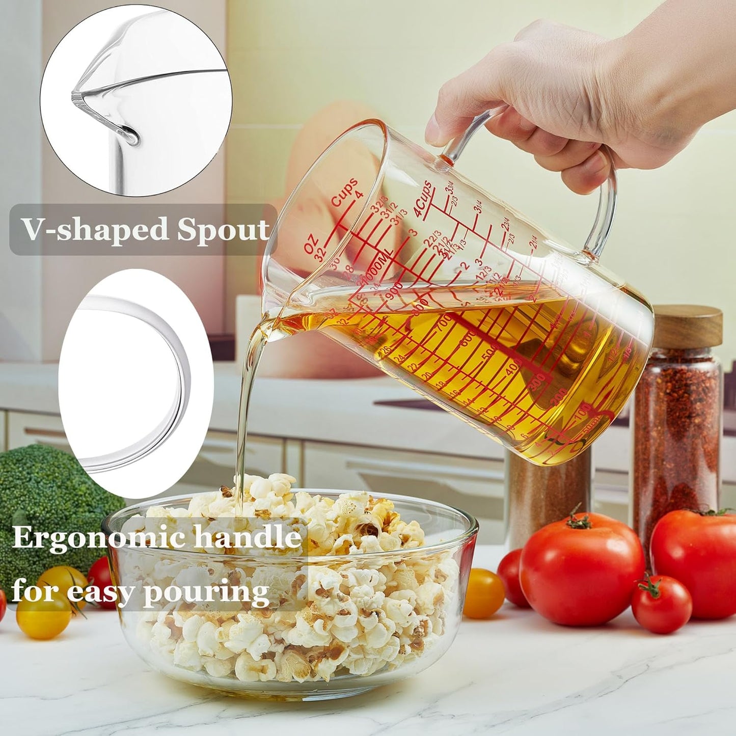 Ackers BORO3.3 Measure Glass -[Insulated handle | V-Shaped Spout]-Made of High Borosilicate Glass Measuring for Kitchen or Restaurant, Easy to Read, 60 ML (2 Oz) 丨(2 Pack)