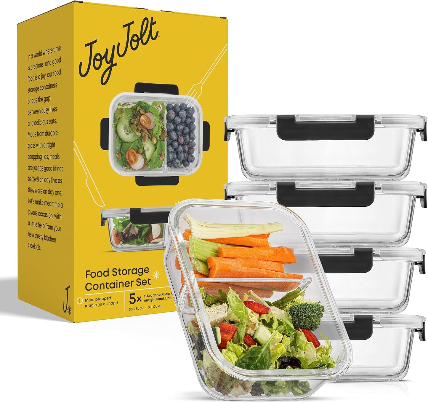 JoyJolt Divided Food Storage Containers with Lids Airtight. 5 Pack Glass Meal Prep Containers 2 Compartment Set Glass Bento Box. Reusable Food Containers, Portion Control Containers for Weight Loss