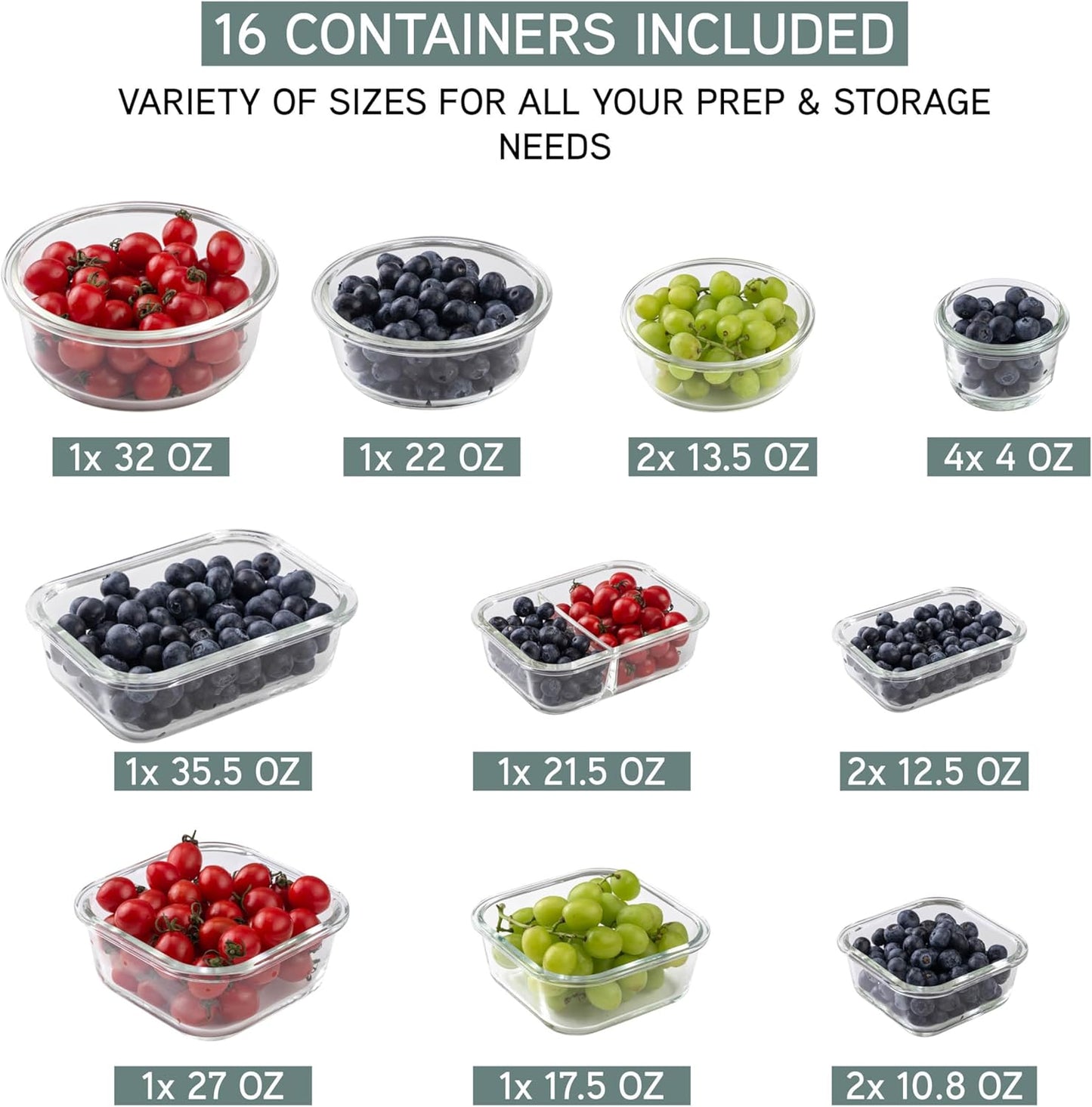 COOK WITH COLOR Premium 32-Pc. Borosilicate Glass Food Container Set with Dividers - 4 Rectangles, 8 Rounds, 4 Squares - Leakproof Lids - Meal Prep, Storage, Fluted Ombre Green