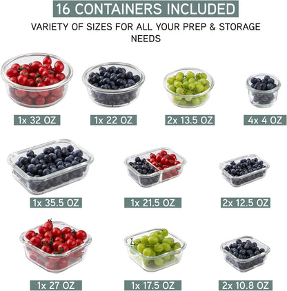 COOK WITH COLOR Premium 32-Pc. Borosilicate Glass Food Container Set with Dividers - 4 Rectangles, 8 Rounds, 4 Squares - Leakproof Lids - Meal Prep, Storage, Fluted Ombre Green